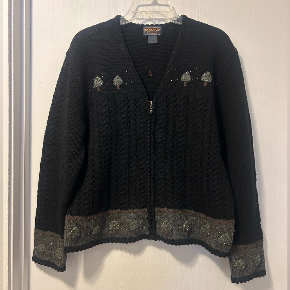Woolrich 90’s 100% Lambswool Zip-Up cardigan with tree accents in Medium